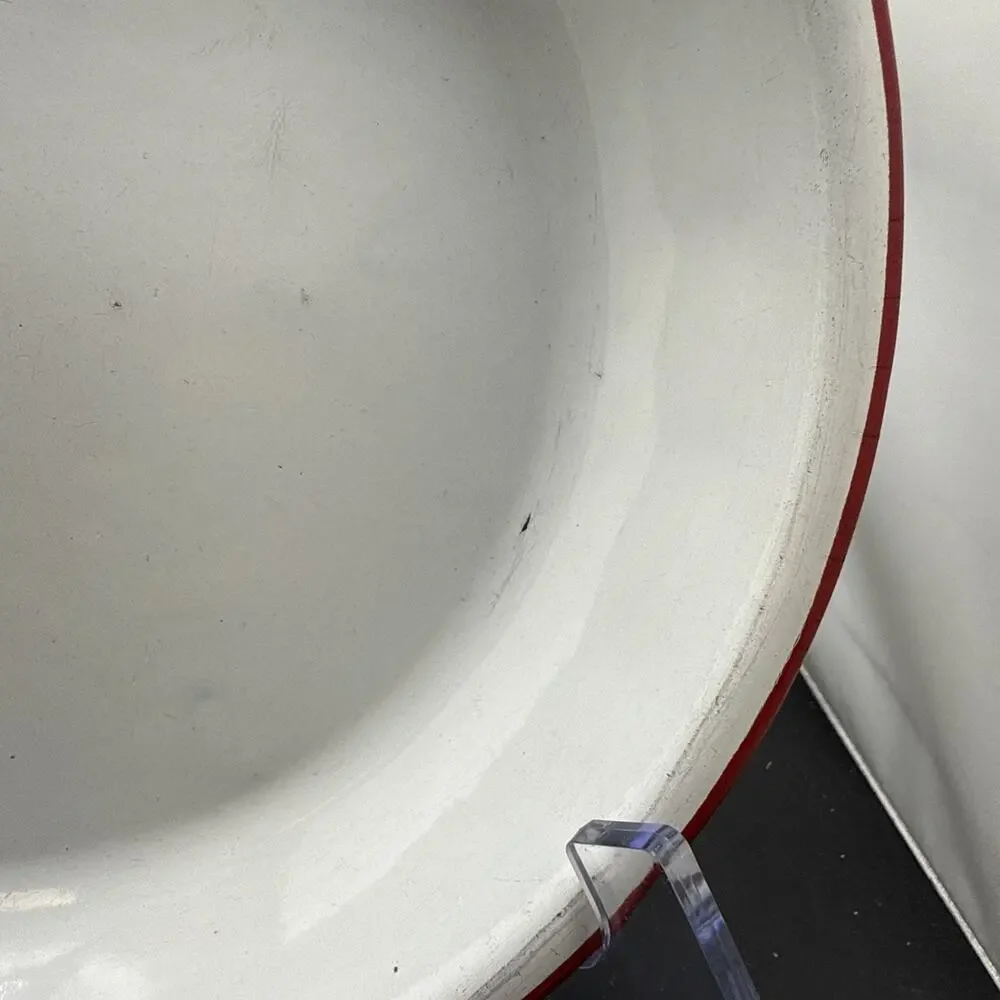 Vintage White Red Rim Enamelware Dinner Plate Farmhouse Camp Rustic 9.25 Inches